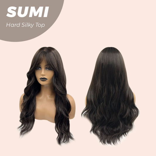JBEXTENSION 24 Inches Scalpiana Wave Midnight Brown( Black/Brown) 3.5X4 Hard Silky Top Natural Scalp Effect Wig With Curtain Bang SUMI