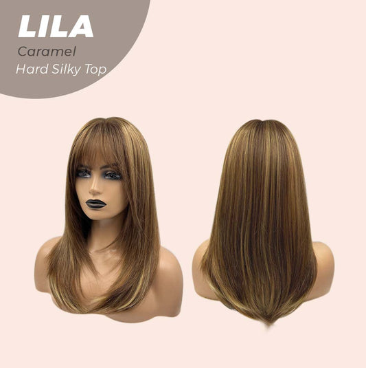 JBEXTENSION 20 Inches Scalpiana Brown with Highlight Wolf Cut 3.5X4 Hard Silky Top Natural Scalp Effect Wig With Bangs LILA CARAMEL