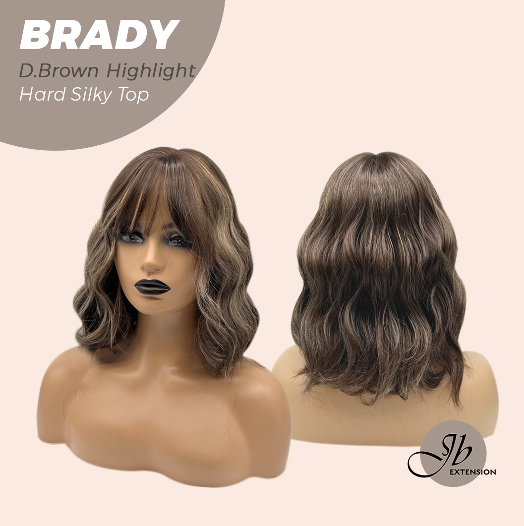 JBEXTENSION 12 Inches Scalpiana Wave Dark Brown with Highlight 3.5X4 Hard Silky Top Natural Scalp Effect Wig with Bang BRADY DARK BROWN HIGHLIGHT