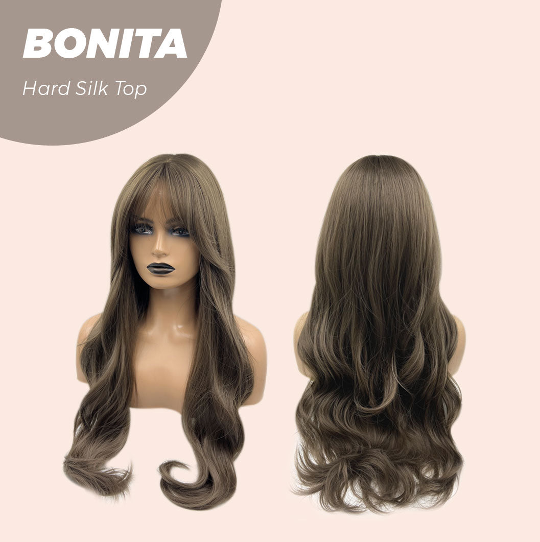 JBEXTENSION 26 Inches Scalpiana Brown Curly 3.5X4 Hard Silky Top Natural Scalp Effect Wig With Bangs BONITA