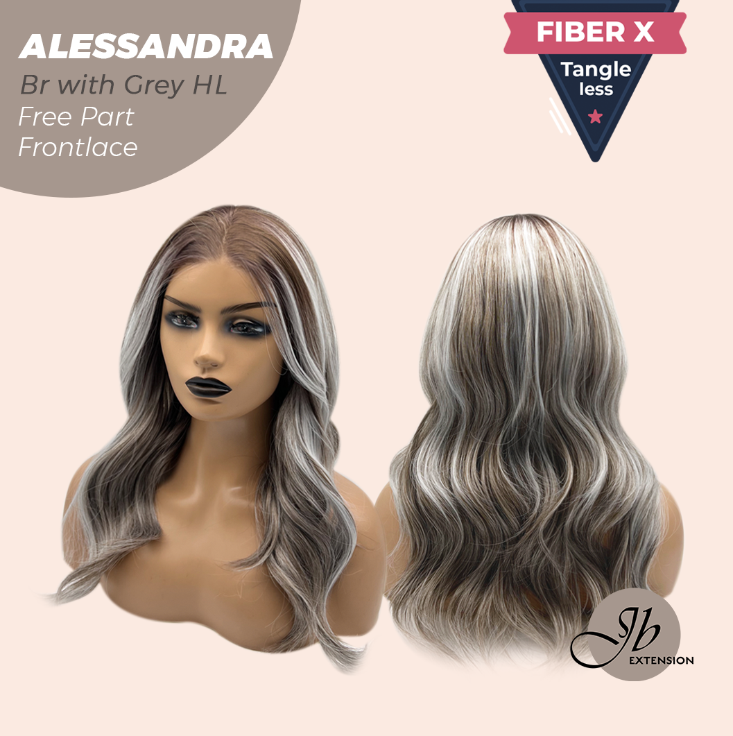 JBEXTENSION 20 Inches Brown with Grey Highlight Curly Fiber X, Tangle Less Pre-Cut Free Part Frontlae Glueless Wig ALESSANDRA GREY
