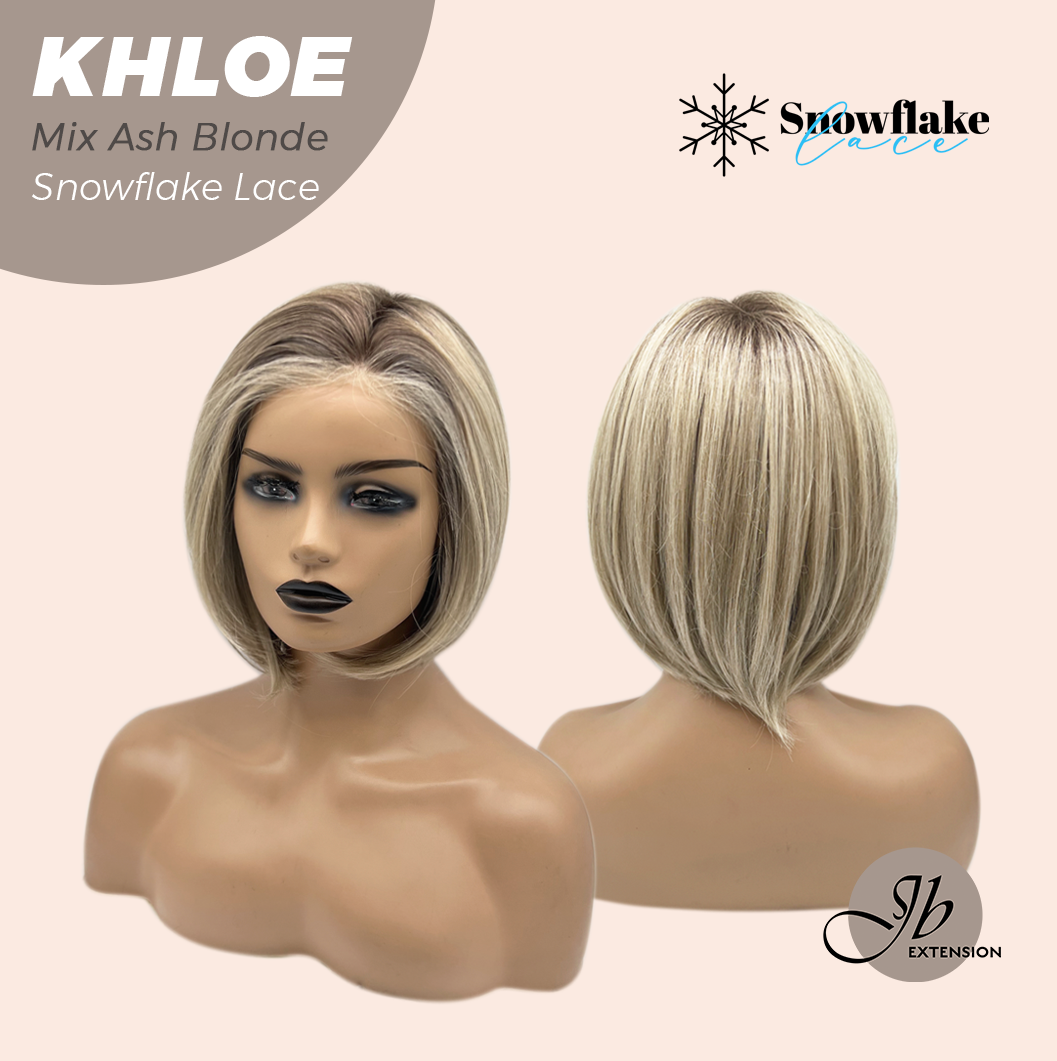 JBEXTENSION 12 Inches Bob Cut Mix Ash Blonde Pre-Cut Snowflake Lace Frontlace Glueless Wig KHLOE MIX ASH BLONDE【PERMATEASE】【BENDY EAR TABS】- M/L