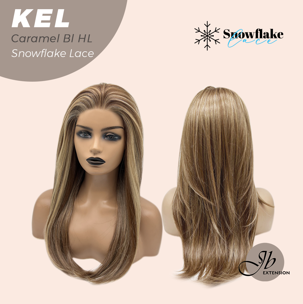 JBEXTENSION 22 Inches Caramel Blonde Highlight Pre-Cut Snowflake Lace Frontlace Glueless Wig KEL CARAMEL BLONDE HIGHLIGHT【PERMATEASE】【BENDY EAR TABS】