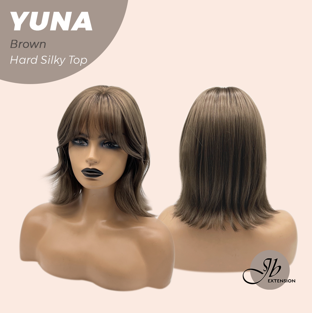 JBEXTENSION 12 Inches Scalpiana Brown 3.5X4 Hard Silky Top Natural Scalp Effect Women Wig With Bangs YUNA BROWN
