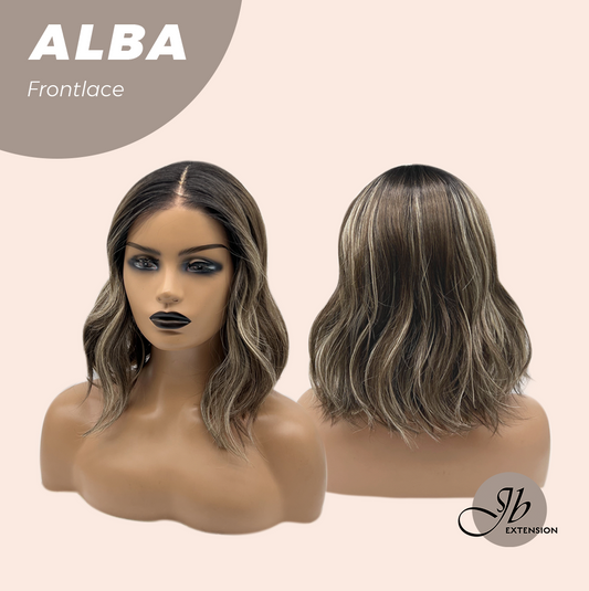 JBEXTENSION 12 Inches Wave Dark Brown with Blonde Highlight with Dark Root Pre-Cut Frontlace Glueless Wig ALBA