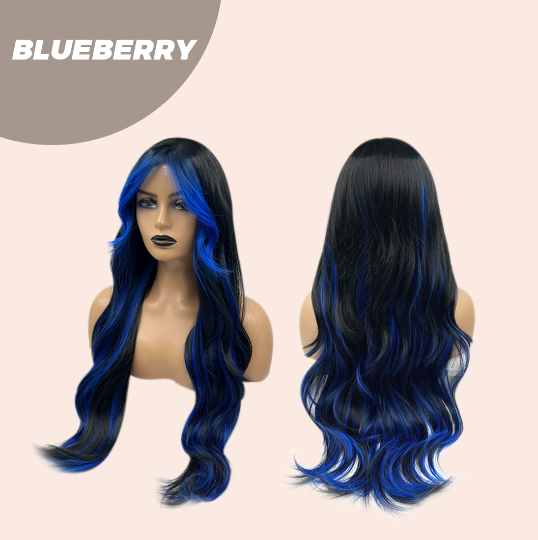 Get the Influencer Look with 28 Inches Long Black With Blue Highlight Wave Wig With Bangs BLUEBERRY