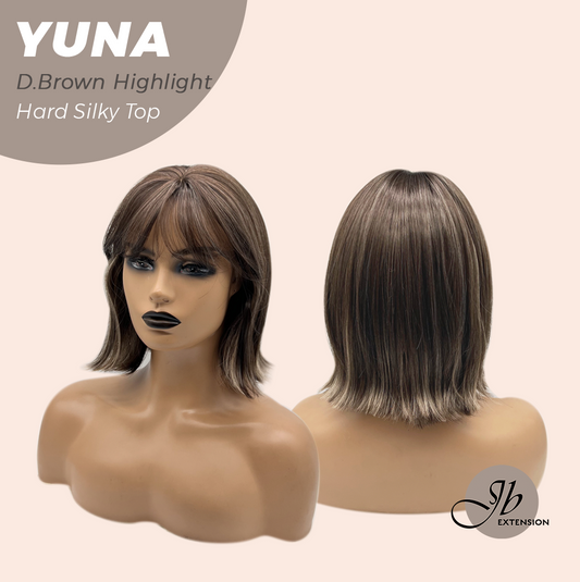 JBEXTENSION 12 Inches Scalpiana Dark Brown with Highlight 3.5X4 Hard Silky Top Natural Scalp Effect Women Wig With Bangs YUNA DARK BROWN HIGHLIGHT