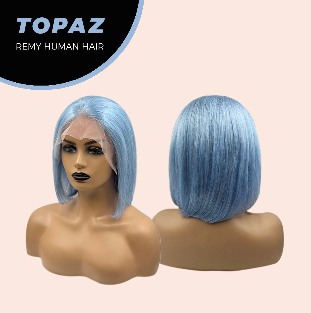 JBEXTENSION GEMSTONE COLLECTION 12 Inches Real Human Hair Light Blue Bob Cut Free Parting Wig TOPAZ