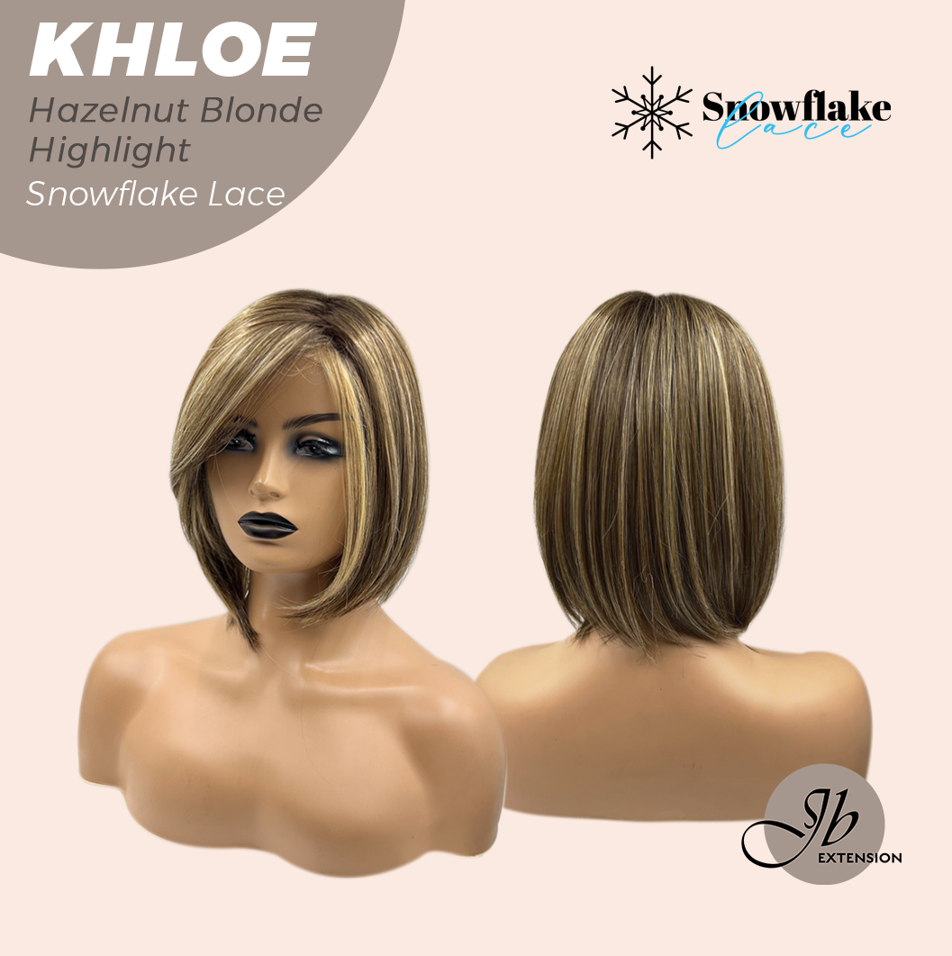 JBEXTENSION 12 Inches Bob Cut Hazelnut Blonde Highlight Pre-Cut Snowflake Lace Frontlace Glueless Wig KHLOE HAZELNUT【PERMATEASE】【BENDY EAR TABS】