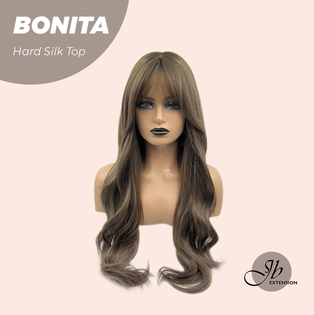 JBEXTENSION 26 Inches Scalpiana Brown Curly 3.5X4 Hard Silky Top Natural Scalp Effect Wig With Bangs BONITA