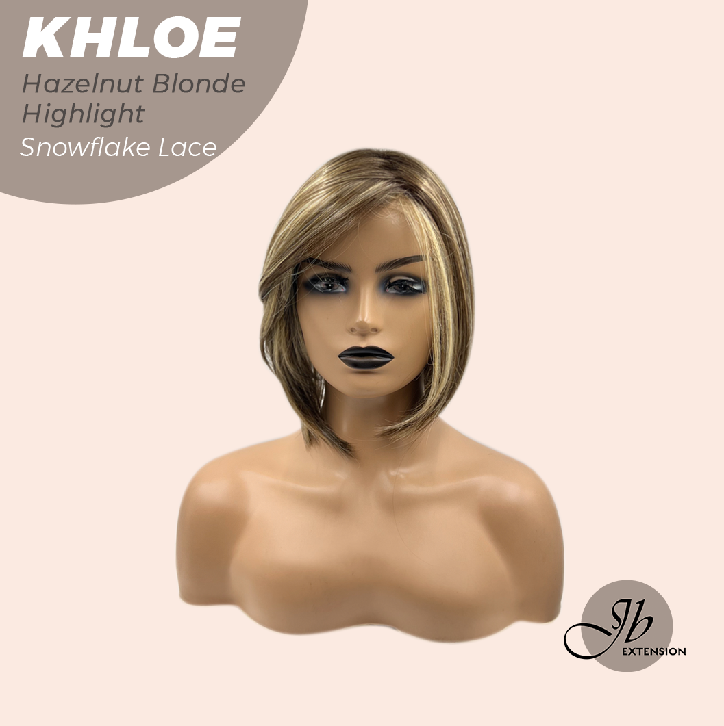 JBEXTENSION 12 Inches Bob Cut Hazelnut Blonde Highlight Pre-Cut Snowflake Lace Frontlace Glueless Wig KHLOE HAZELNUT【PERMATEASE】【BENDY EAR TABS】