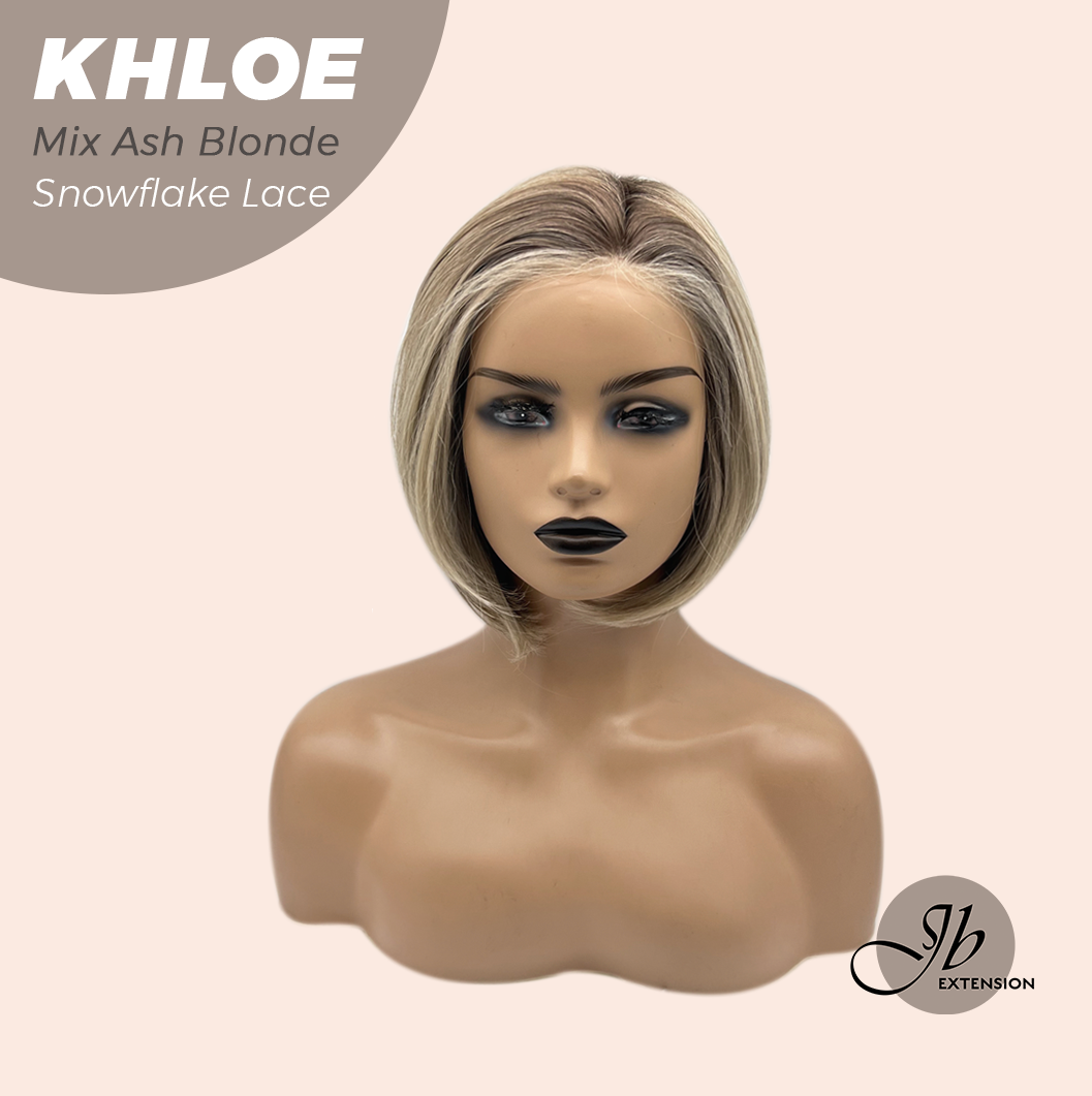 JBEXTENSION 12 Inches Bob Cut Mix Ash Blonde Pre-Cut Snowflake Lace Frontlace Glueless Wig KHLOE MIX ASH BLONDE【PERMATEASE】【BENDY EAR TABS】- M/L