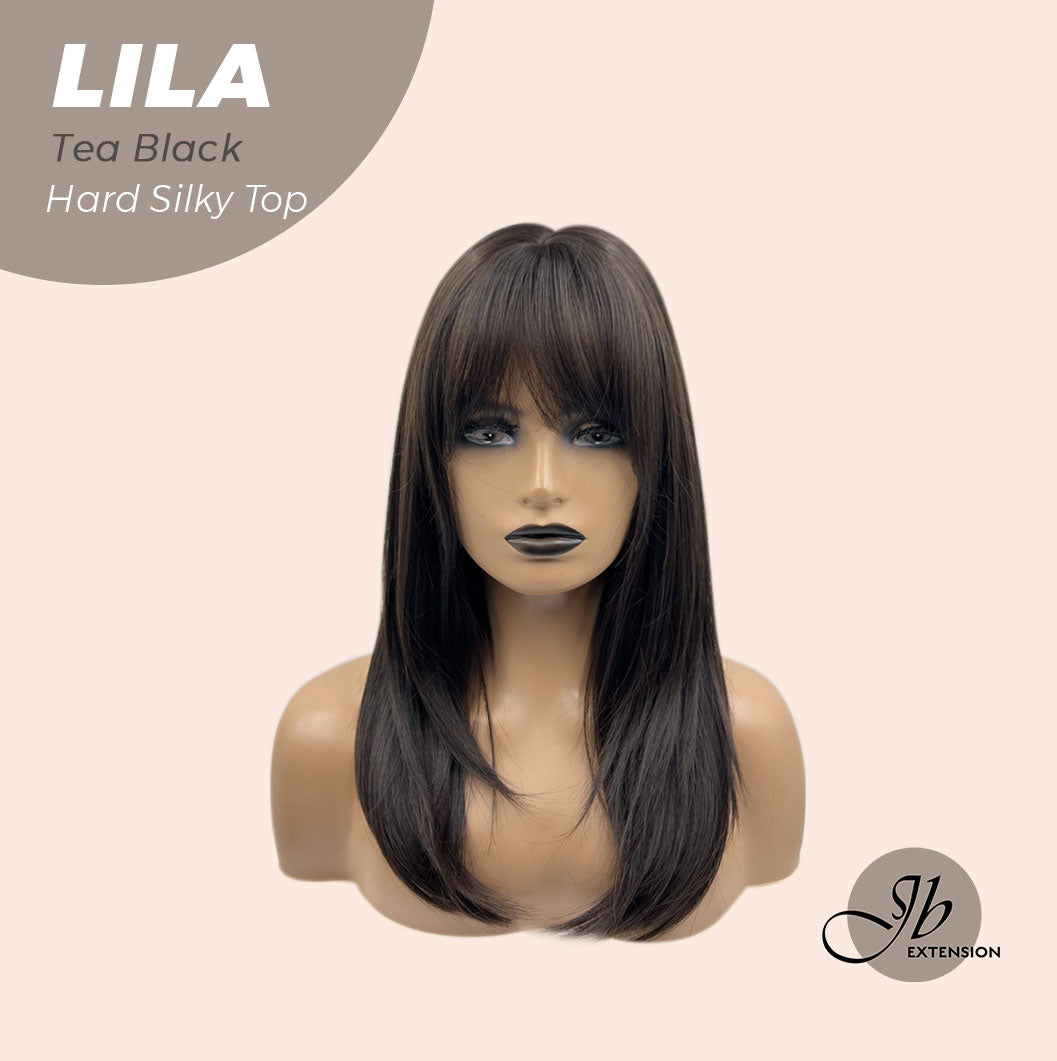 JBEXTENSION 20 Inches Scalpiana Tea Black Darkest Brown Wolf Cut 3.5X4 Hard Silky Top Natural Scalp Effect Wig With Bangs LILA TEA BLACK