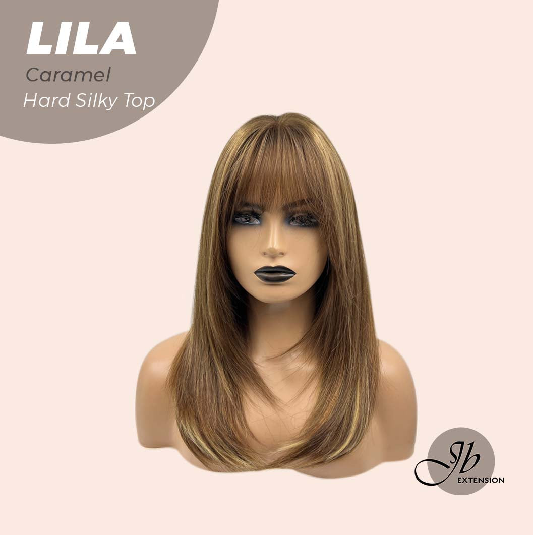 JBEXTENSION 20 Inches Scalpiana Brown with Highlight Wolf Cut 3.5X4 Hard Silky Top Natural Scalp Effect Wig With Bangs LILA CARAMEL
