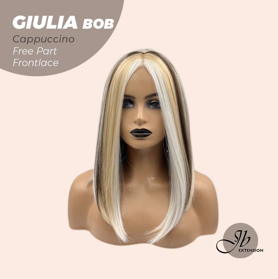 JBEXTENSION 14 Inches Bob Cut Mix Color With Blonde Brown Highlight Free Part Pre-Cut Frontlace Glueless Wig GIULIA BOB CAPPUCCINO (FREE PARTING)