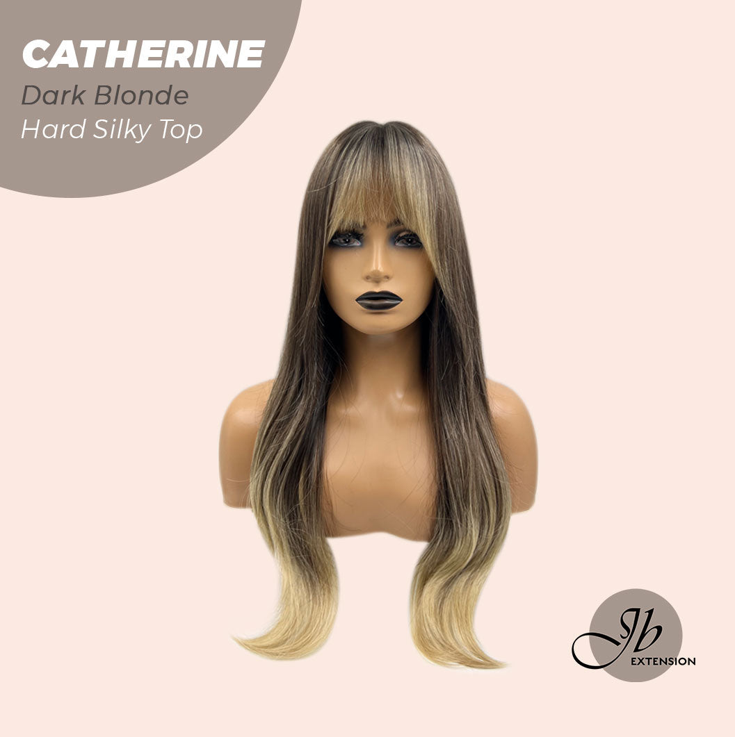 JBEXTENSION 25 Inches Scalpiana Dark Blonde 3.5X4 Hard Silky Top Natural Scalp Effect Wig With Bangs CATHERINE DARK BLONDE