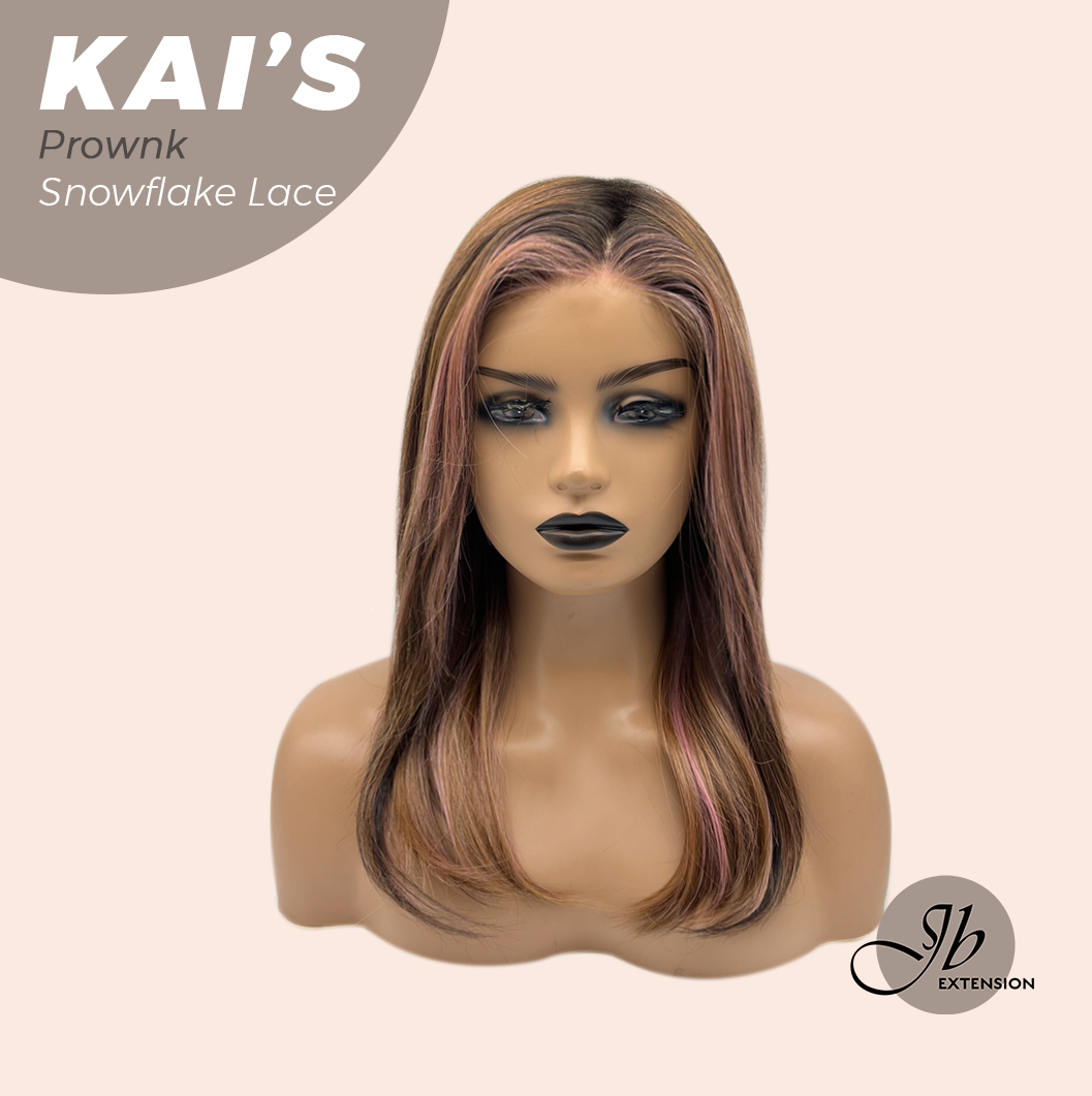 JBEXTENSION 18 Inches Brown with Pink Highlight Pre-Cut Snowflake Lace Frontlace Glueless Wig KAI'S PROWNK【PERMATEASE】【BENDY EAR TABS】- M/L
