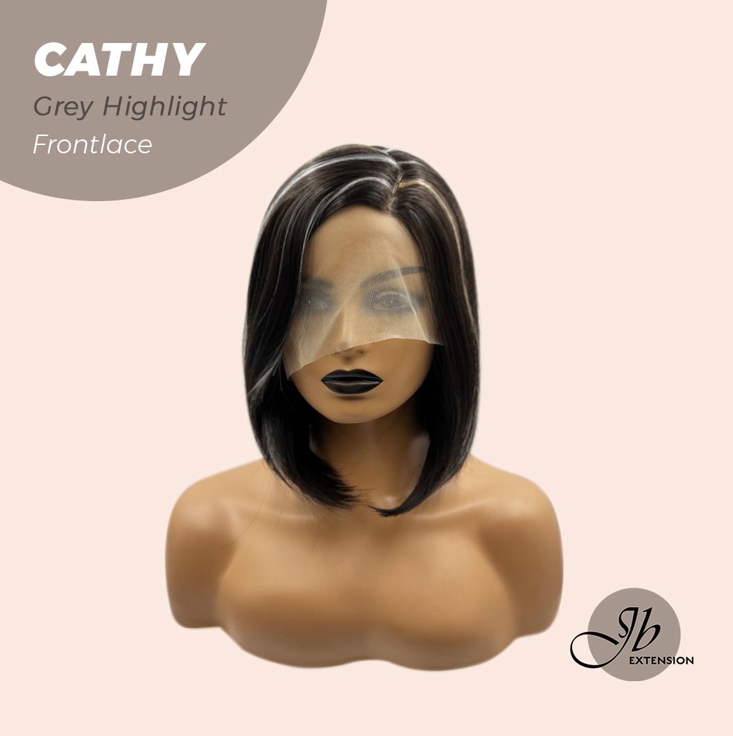 JBEXTENSION 12 Inches Bob Cut Nature Black With Grey Highlight Side Part Frontlace Glueless Wig CATHY GREY HIGHLIGHT