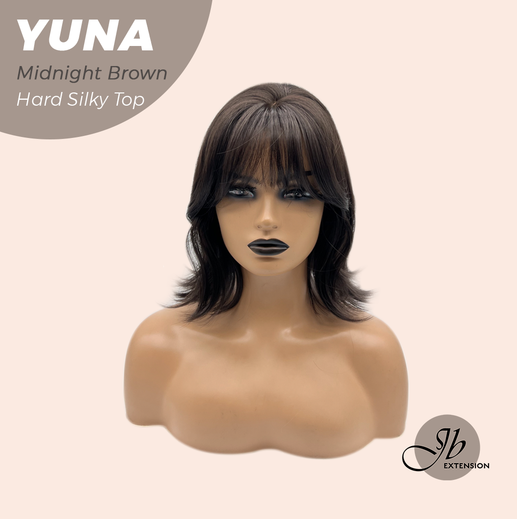 JBEXTENSION 12 Inches Scalpiana Midnight Brown( Black/Brown) 3.5X4 Hard Silky Top Natural Scalp Effect Women Wig With Bangs YUNA MIDNIGHT BROWN