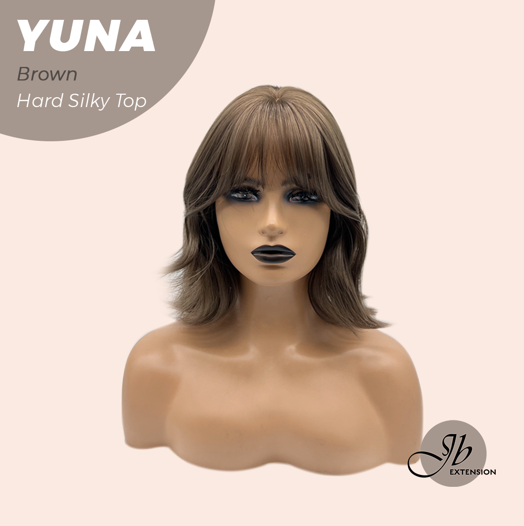JBEXTENSION 12 Inches Scalpiana Brown 3.5X4 Hard Silky Top Natural Scalp Effect Women Wig With Bangs YUNA BROWN