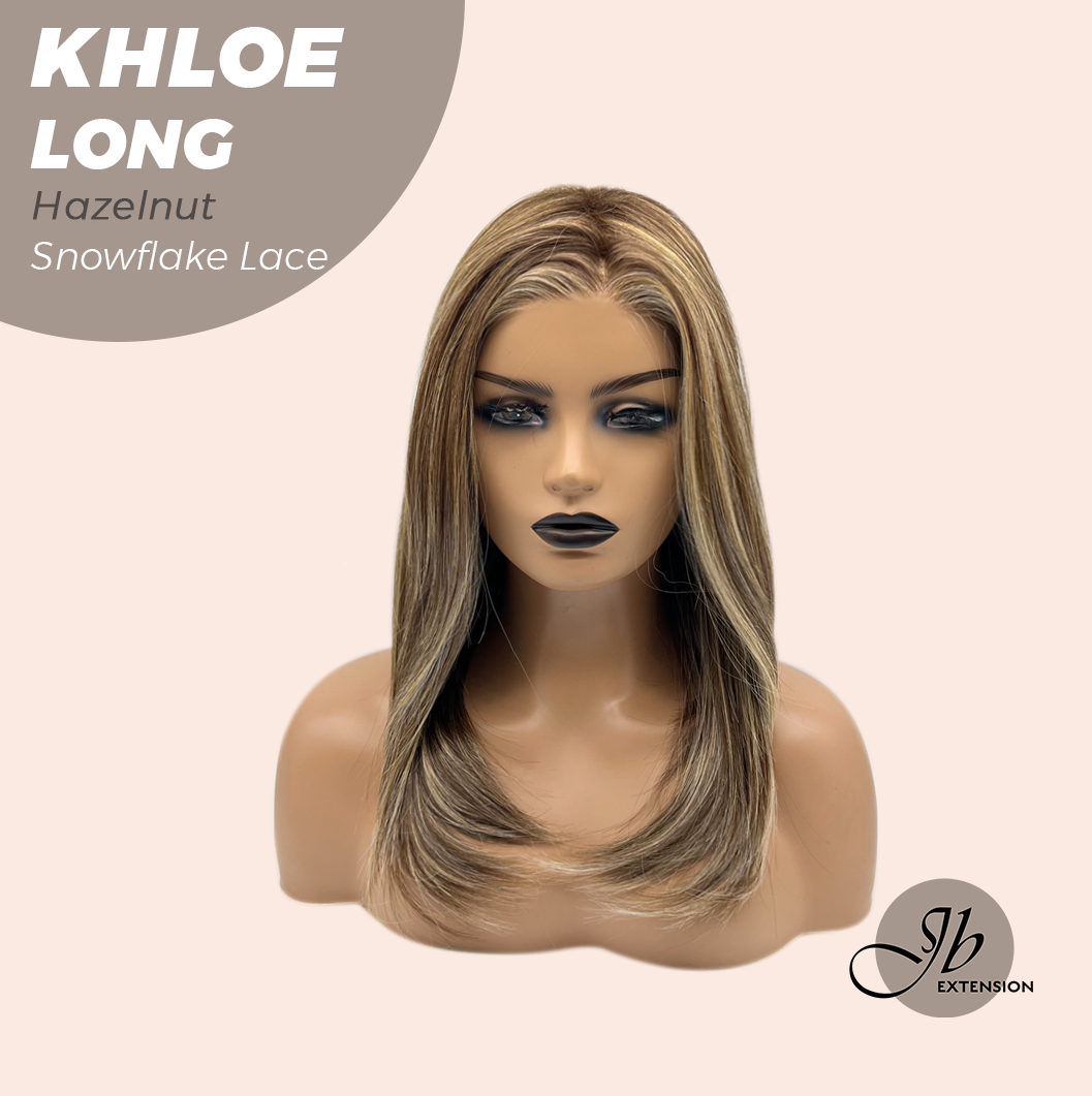 JBEXTENSION 18 Inches Hazelnut Blonde Highlight Pre-Cut Snowflake Lace Frontlace Glueless Wig KHLOE LONG HAZELNUT【PERMATEASE】【BENDY EAR TABS】- S/M