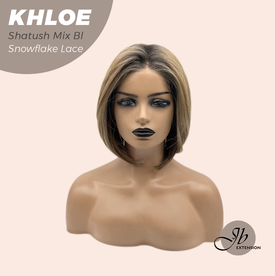 JBEXTENSION 12 Inches Bob Cut Shatush Mix Blonde Pre-Cut Snowflake Lace Frontlace Glueless Wig KHLOE SHATUSH MIX BLONDE【PERMATEASE】【BENDY EAR TABS】- M/L