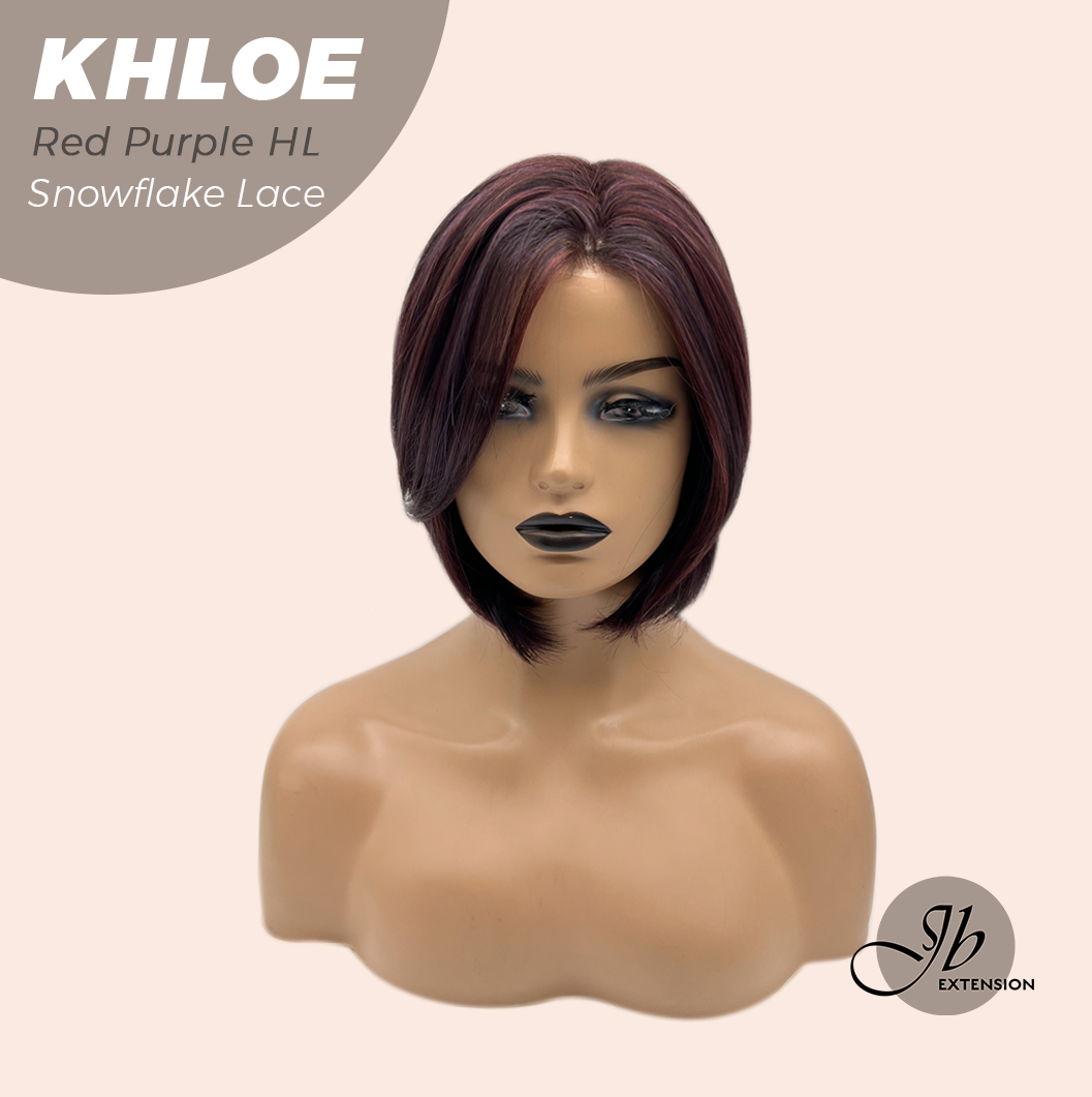 JBEXTENSION 12 Inches Bob Cut Red Purple Highlight Pre-Cut Snowflake Lace Frontlace Glueless Wig KHLOE RED PURPLE HIGHLIGHT【PERMATEASE】【BENDY EAR TABS】- M/L