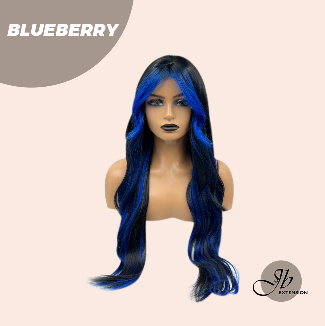 JBEXTENSION 28 Inches Long Black With Blue Highlight Wave Wig With Bangs BLUEBERRY