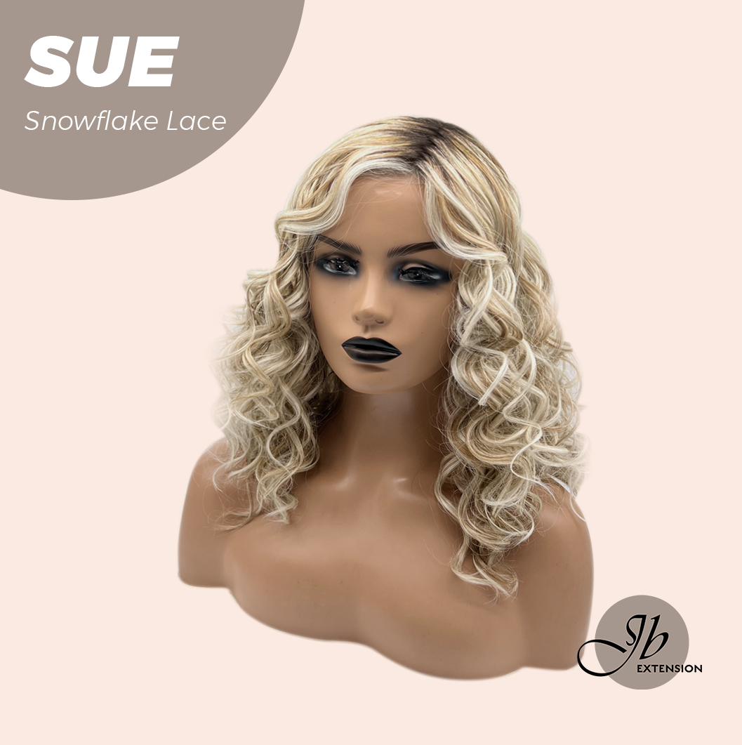 JBEXTENSION 17 Inches Blonde Deep Curly Pre-Cut Side Part Snowflake Lace Frontlace Glueless Wig SUE【BENDY EAR TABS】