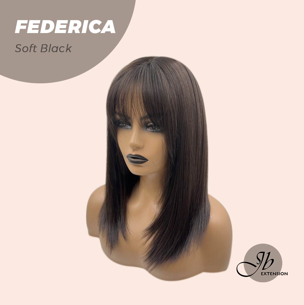 JBEXTENSION 16 Inches Short Bob Cut Soft Black Wig With Bangs FEDERICA SOFT BLACK