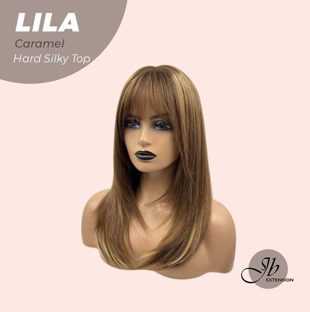 JBEXTENSION 20 Inches Scalpiana Brown with Highlight Wolf Cut 3.5X4 Hard Silky Top Natural Scalp Effect Wig With Bangs LILA CARAMEL