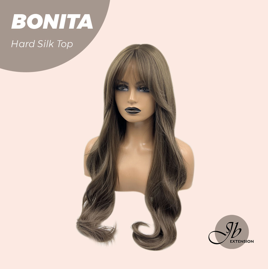 HOT OF SEASON - JBEXTENSION 26 Inches Scalpiana Brown Curly 3.5X4 Hard Silky Top Natural Scalp Effect Wig With Bangs BONITA