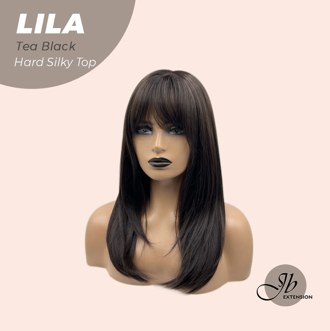 JBEXTENSION 20 Inches Scalpiana Tea Black Darkest Brown Wolf Cut 3.5X4 Hard Silky Top Natural Scalp Effect Wig With Bangs LILA TEA BLACK