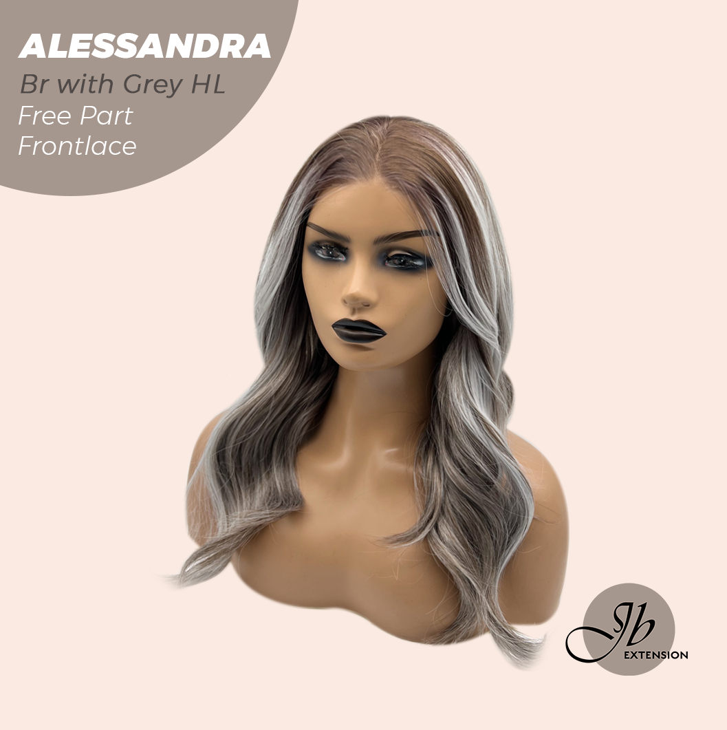 JBEXTENSION 20 Inches Brown with Grey Highlight Curly Fiber X, Tangle Less Pre-Cut Free Part Frontlae Glueless Wig ALESSANDRA GREY