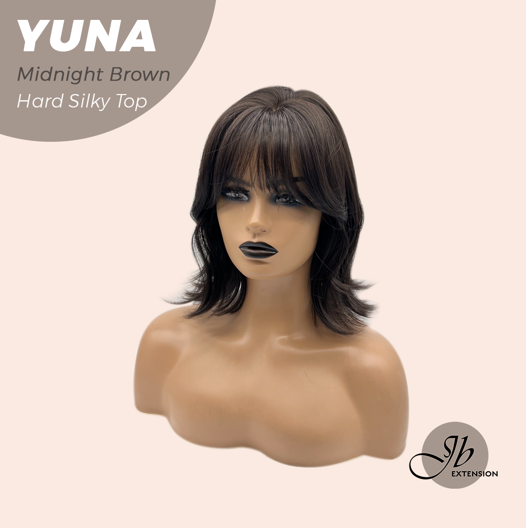 JBEXTENSION 12 Inches Scalpiana Midnight Brown( Black/Brown) 3.5X4 Hard Silky Top Natural Scalp Effect Women Wig With Bangs YUNA MIDNIGHT BROWN
