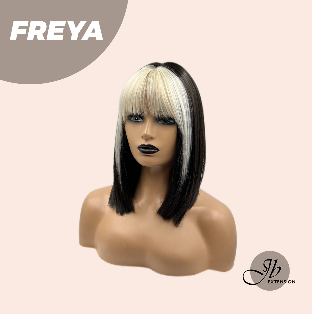 JBEXTENSION 14 Inches Bob Cut Short Straight Black With White Bangs Wig FREYA