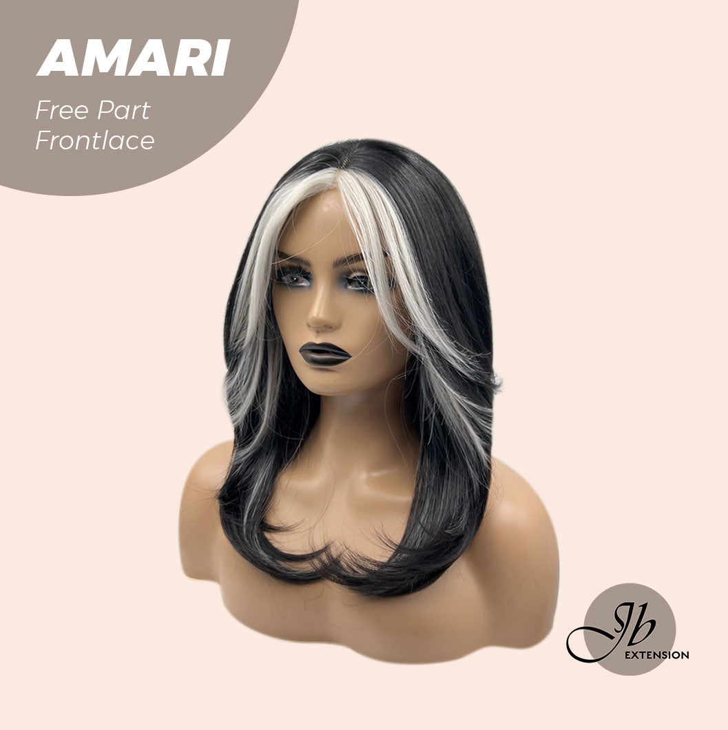 Get this look with our 18 Inches Black With White Highlight Pre-Cut Free Part Frontlae Glueless Wig AMARI
