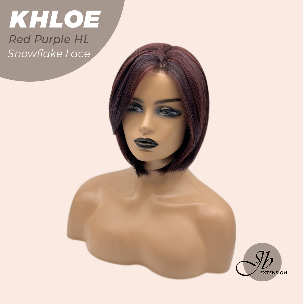 JBEXTENSION 12 Inches Bob Cut Red Purple Highlight Pre-Cut Snowflake Lace Frontlace Glueless Wig KHLOE RED PURPLE HIGHLIGHT【PERMATEASE】【BENDY EAR TABS】- M/L