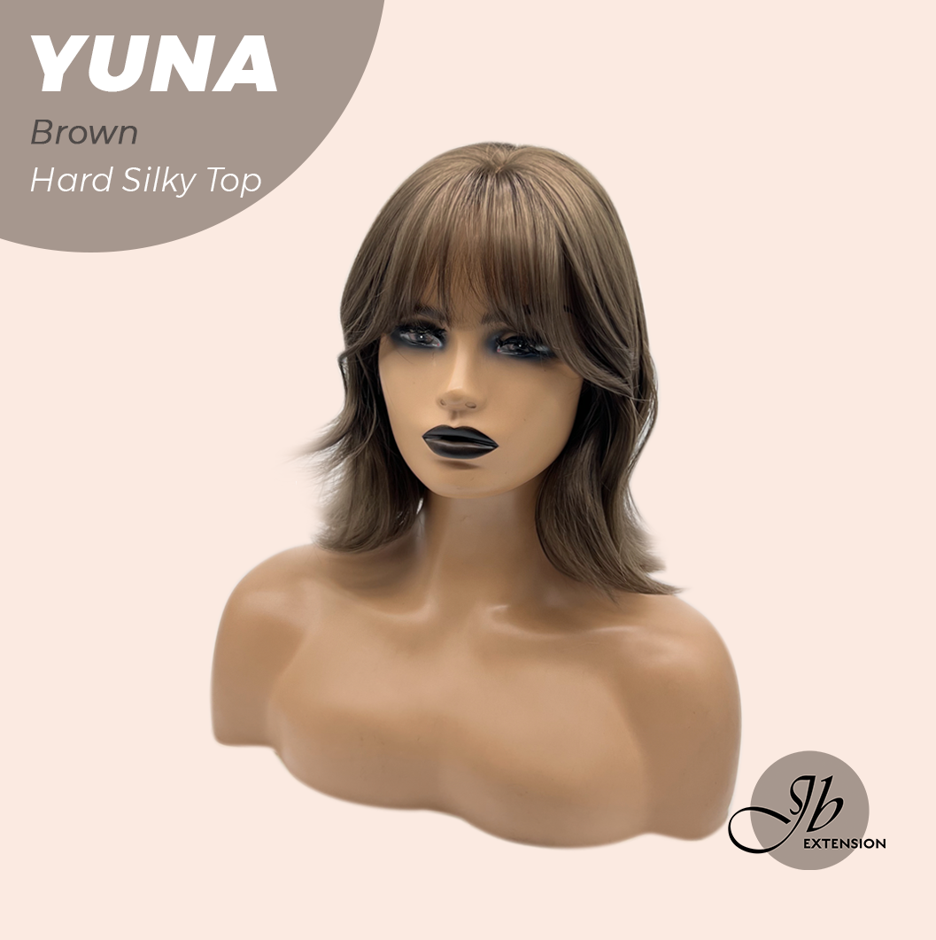 JBEXTENSION 12 Inches Scalpiana Brown 3.5X4 Hard Silky Top Natural Scalp Effect Women Wig With Bangs YUNA BROWN
