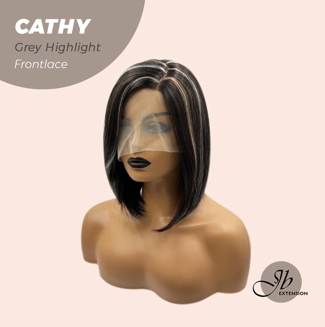 JBEXTENSION 12 Inches Bob Cut Nature Black With Grey Highlight Side Part Frontlace Glueless Wig CATHY GREY HIGHLIGHT