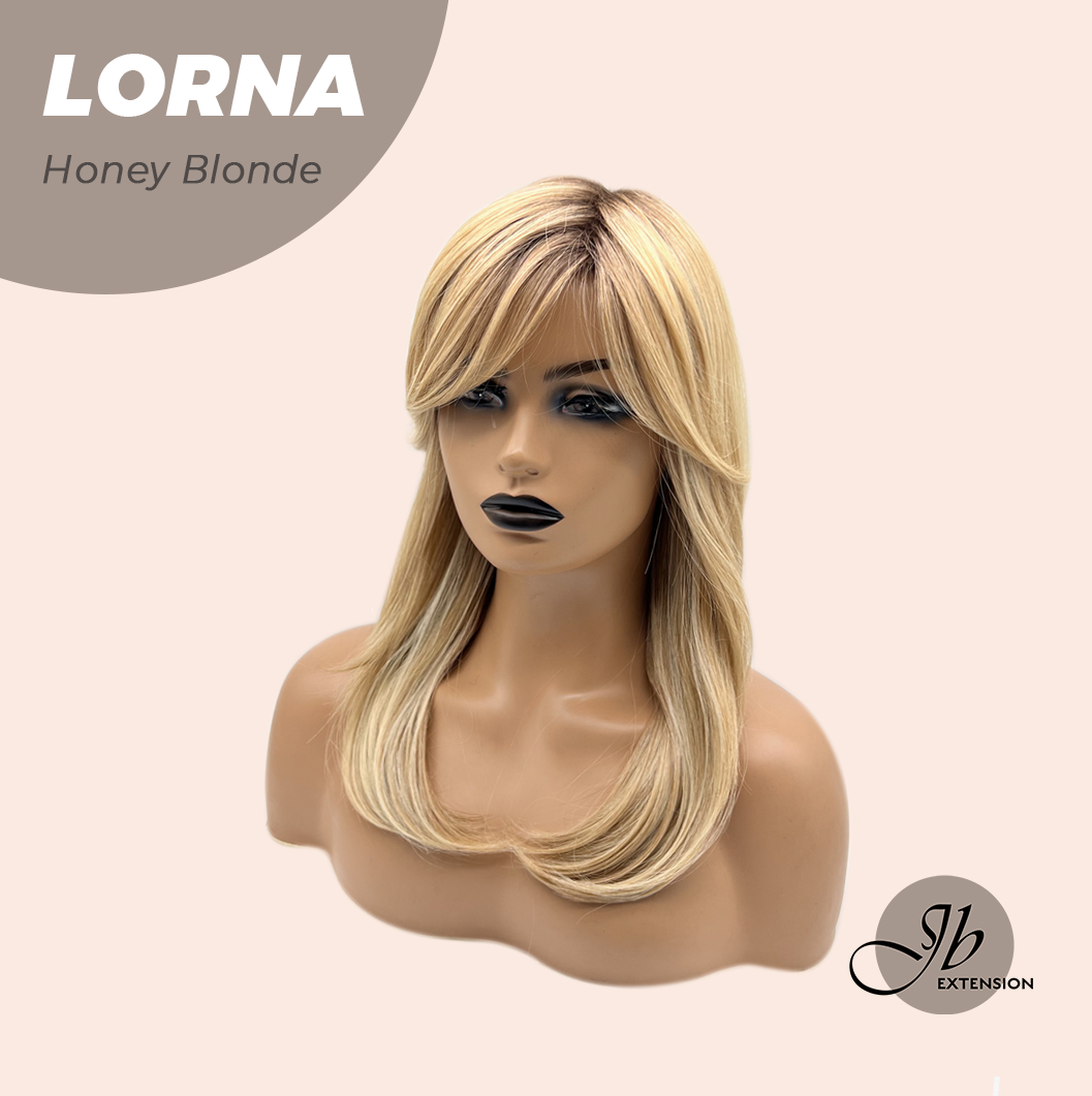 JBEXTENSION 18 Inches Honey Blonde Curly Women Fashion Full Machine Wig With Bangs LORNA HONEY BLONDE【PLUS PERMATEASE】【BENDY EAR TABS】