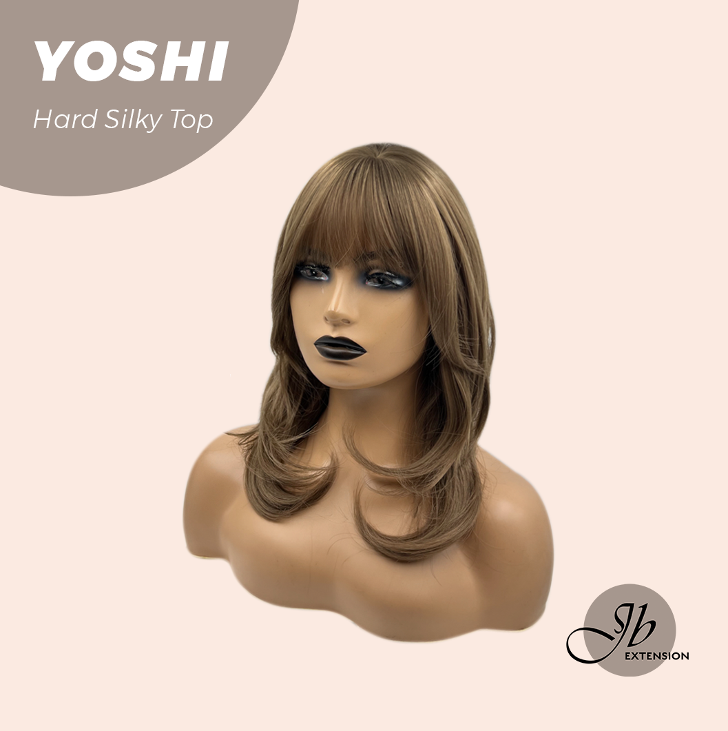JBEXTENSION 16 Inches Scalpiana Hush Cut Light Brown 3.5X4 Hard Silky Top Natural Scalp Effect Wig With Bangs YOSHI SILKY TOP