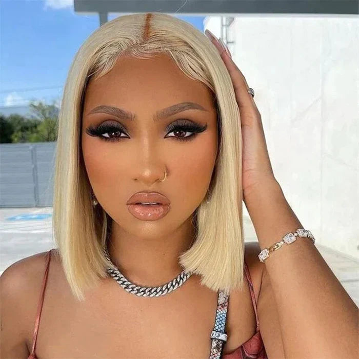 613 Blonde Short Bob Lace Front Wig Straight Hair 13*4 Lace Wigs Colored Human Hair Wigs