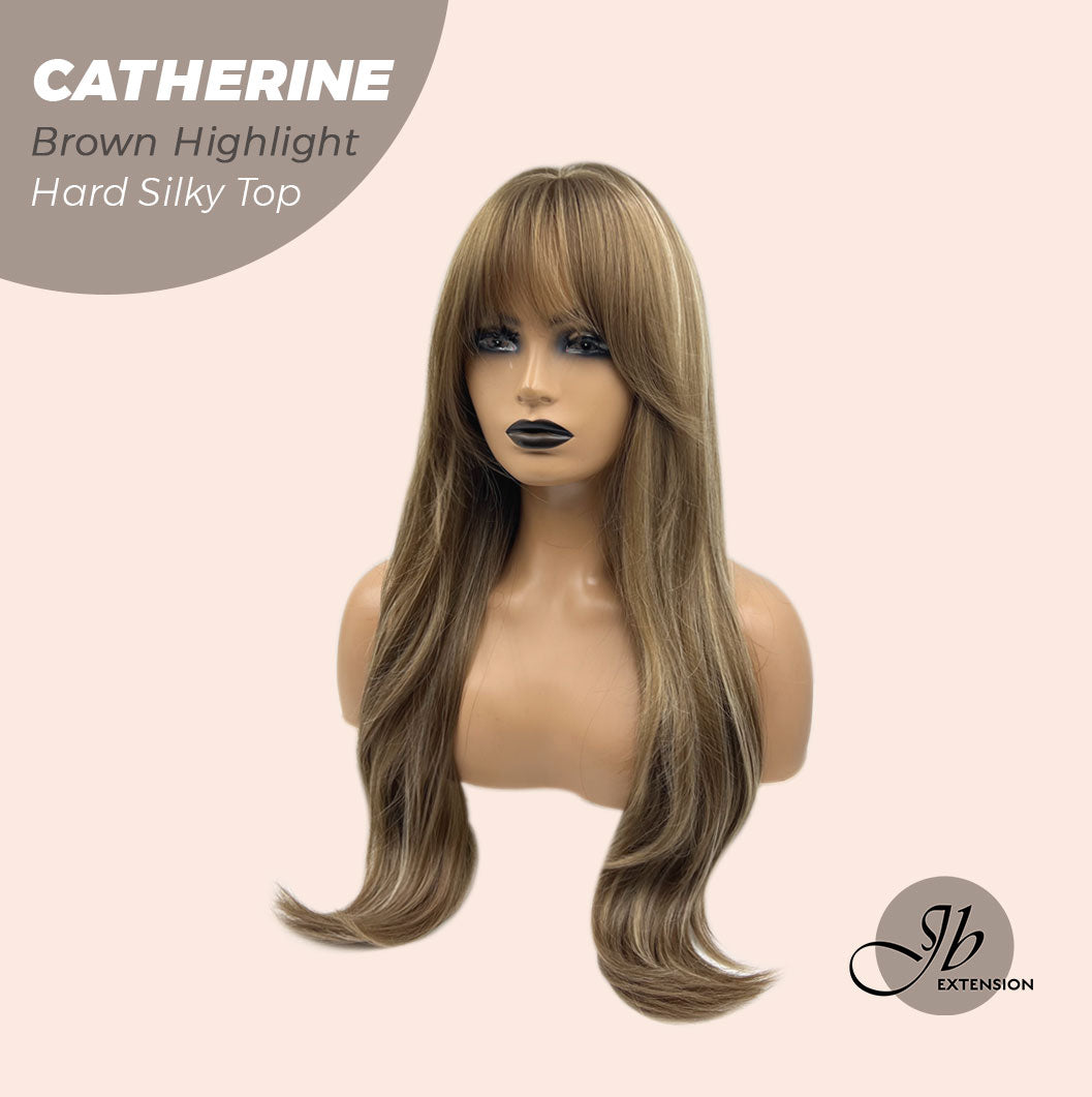 JBEXTENSION 25 Inches Scalpiana Brown With Highlight 3.5X4 Hard Silky Top Natural Scalp Effect Wig With Bangs CATHERINE BROWN HIGHLIGHT