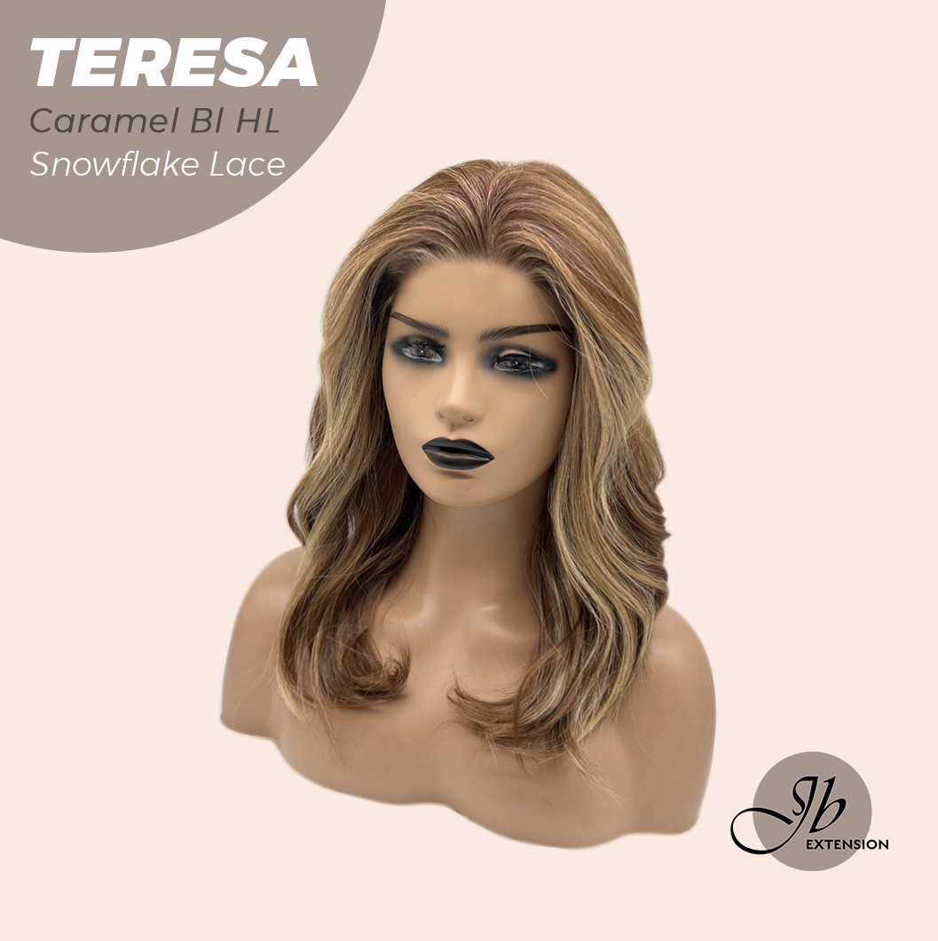JBEXTENSION 18 Inches Caramel Blonde Highlight Pre-Cut Snowflake Lace Frontlace Glueless Wig TERESA CARAMEL BLONDE HIGHLIGHT【PERMATEASE】【BENDY EAR TABS】