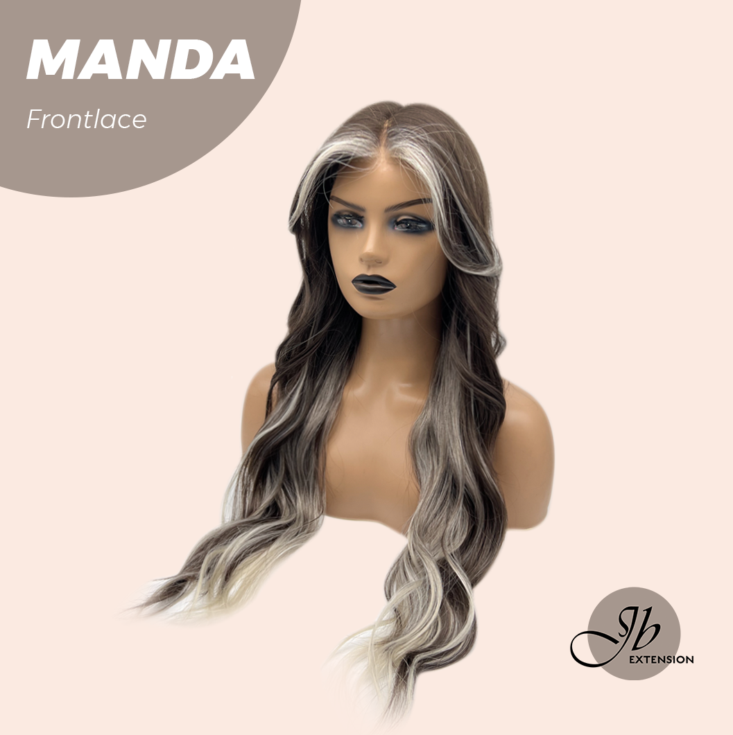 JBEXTENSION 26 Inches Wave Brown with Grey Highlight Pre-Cut Frontlace Glueless Wig MANDA LACE