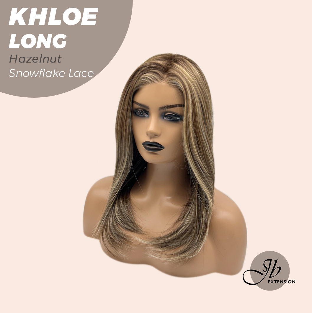 JBEXTENSION 18 Inches Hazelnut Blonde Highlight Pre-Cut Snowflake Lace Frontlace Glueless Wig KHLOE LONG HAZELNUT【PERMATEASE】【BENDY EAR TABS】- S/M