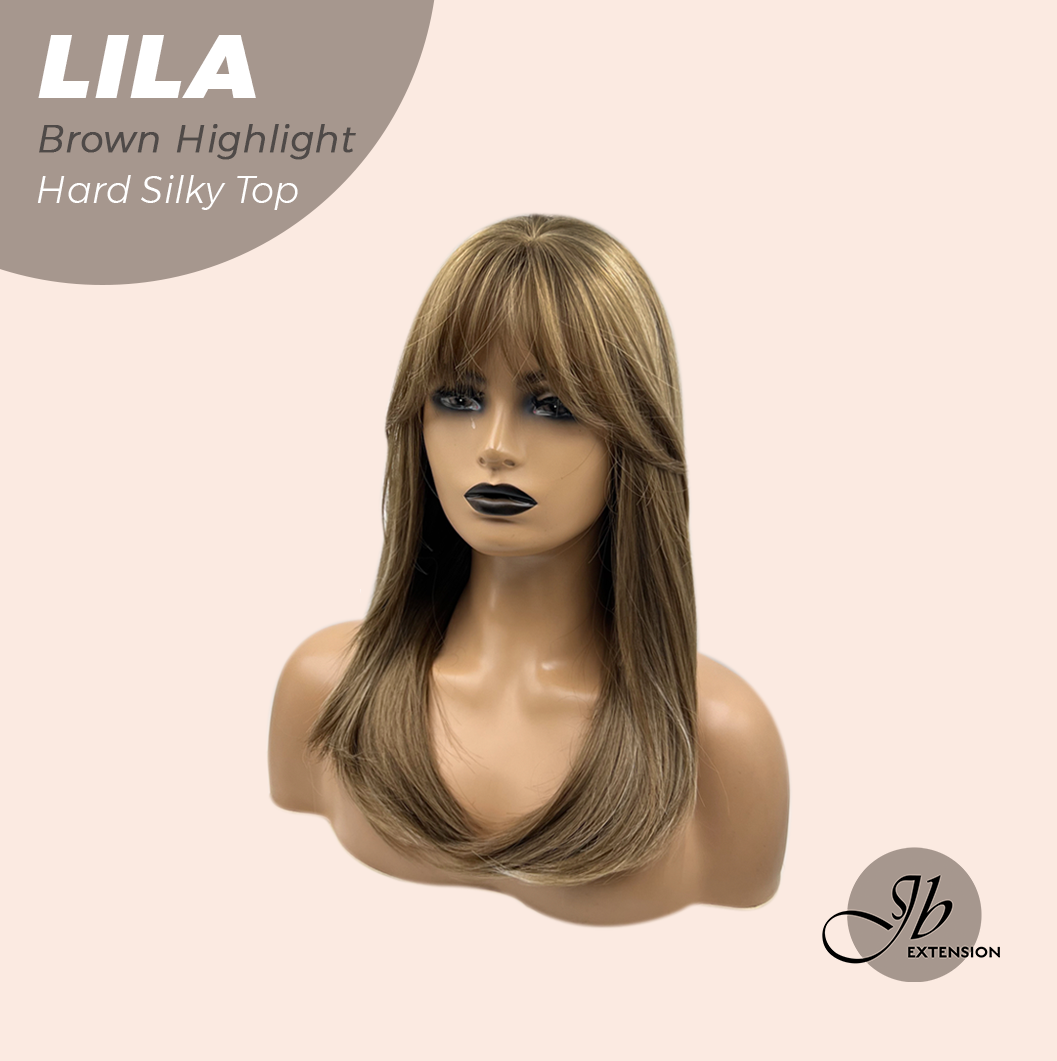 JBEXTENSION 20 Inches Scalpiana Brown Highlight Wolf Cut 3.5X4 Hard Silky Top Natural Scalp Effect Wig With Bangs LILA BROWN HIGHLIGHT