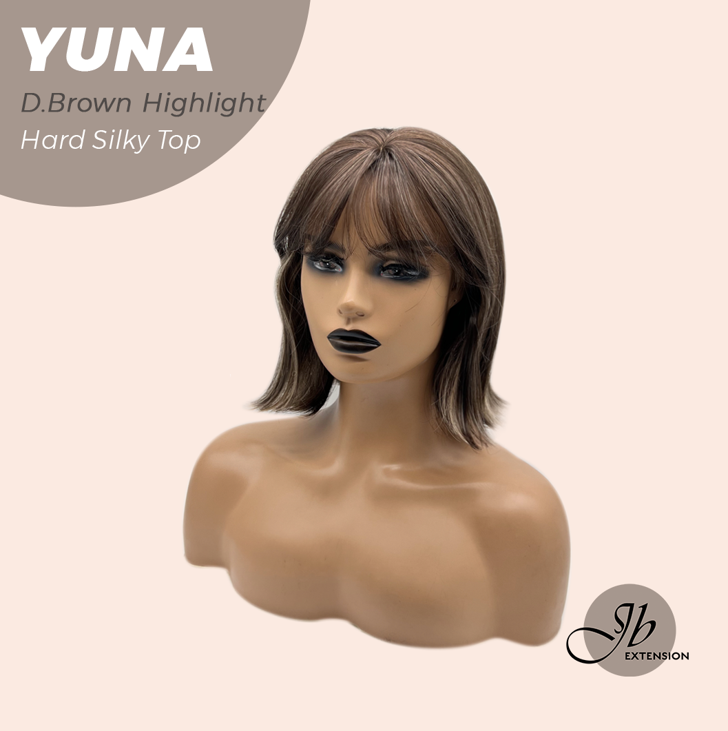 JBEXTENSION 12 Inches Scalpiana Dark Brown with Highlight 3.5X4 Hard Silky Top Natural Scalp Effect Women Wig With Bangs YUNA DARK BROWN HIGHLIGHT