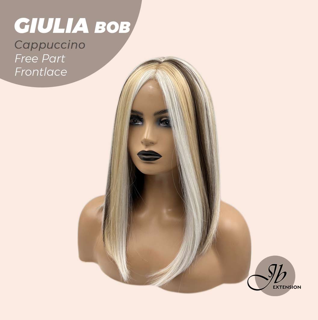 JBEXTENSION 14 Inches Bob Cut Mix Color With Blonde Brown Highlight Free Part Pre-Cut Frontlace Glueless Wig GIULIA BOB CAPPUCCINO (FREE PARTING)